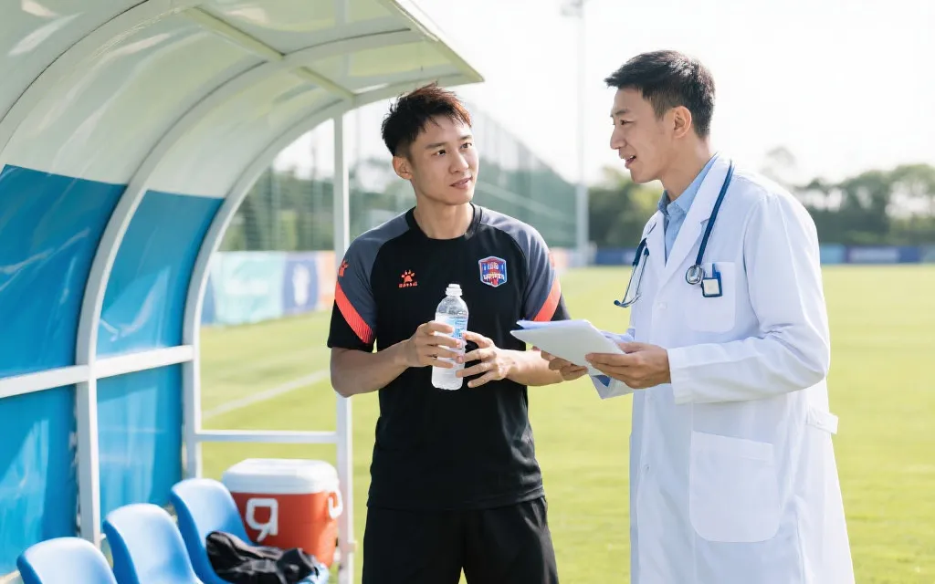 训练场上教练与队医讨论补水与冷却策略，热环境备战