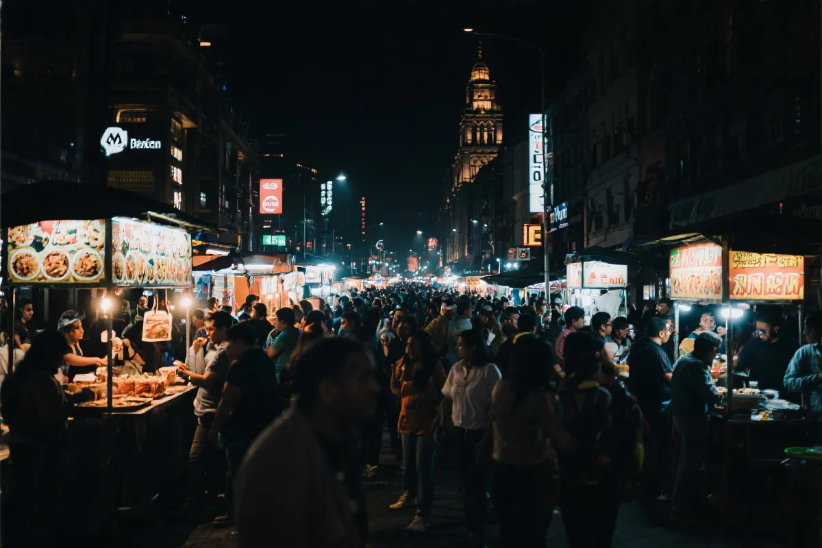 墨西哥城夜晚街头美食摊与霓虹灯,赛后夜宵氛围,纪实摄影风