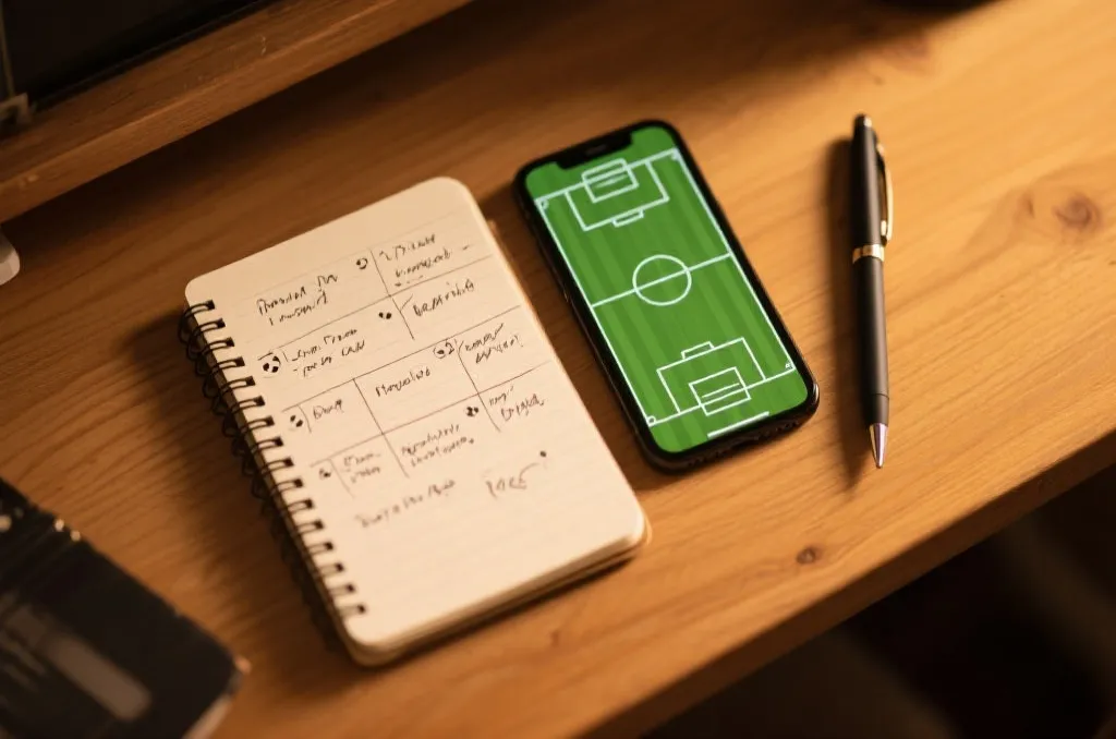 A top-down view of a wooden desk with a notebook showing handwritten soccer match planning notes, a pen, a generic smartphone displaying a soccer field graphic, warm cozy lighting, professional editorial photography